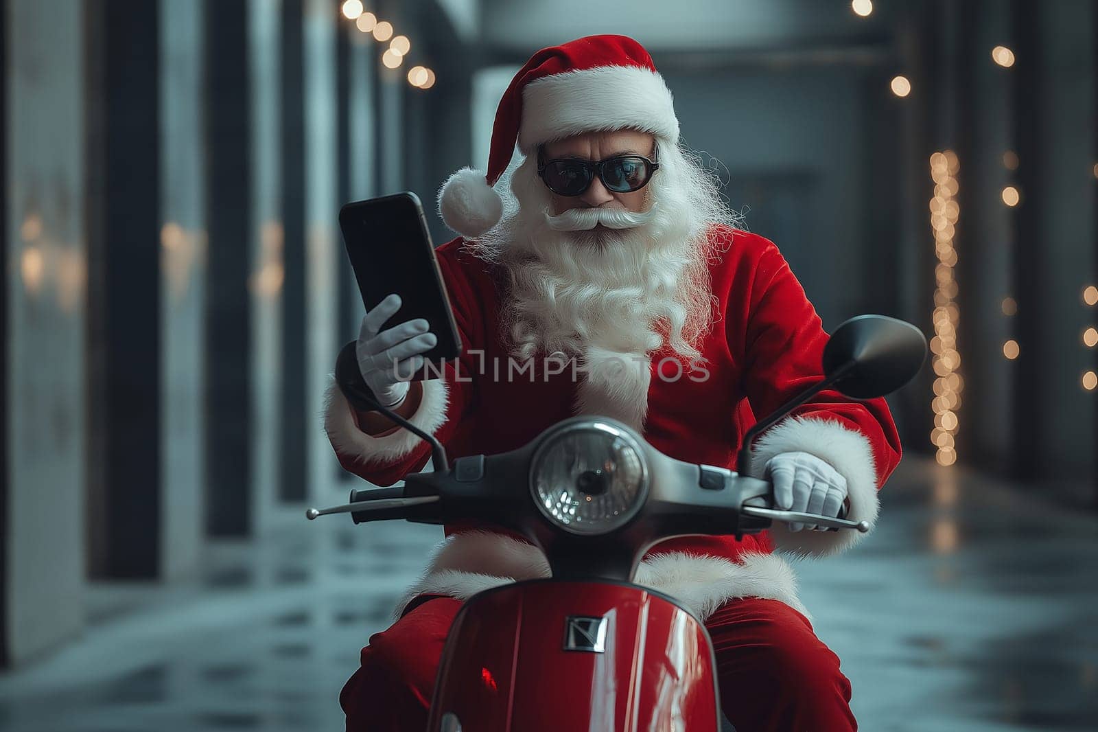 Fashion photo: Santa is riding a motorcycle scooter and Check delivery location. Concept Delivery man dressed up to deliver on Christmas Day. Order online.