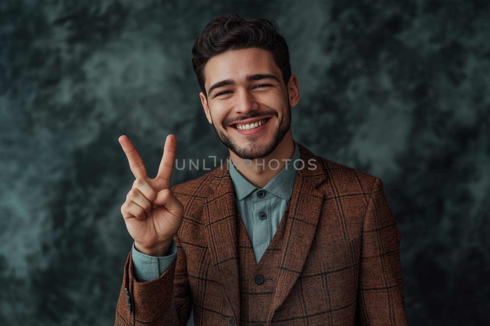 Striking fashion photoshoot. Luxury studio shot of a business man celebrating success and victory by making a ok sign with two fingers of his hand