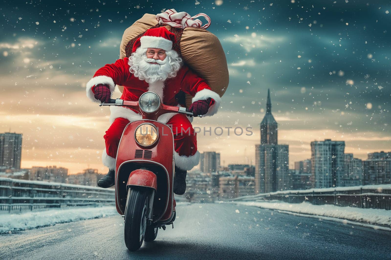 Fashion photo: Santa is riding a motorcycle scooter in city . Concept Delivery man dressed up to deliver on Christmas Day. Order online.
