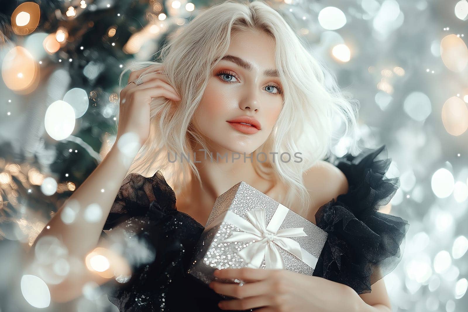 Fashion photo of  Happy smiling woman holding gift box in luxury atmosphere at party. Concept of Christmas, Happy New Year, Birthday.