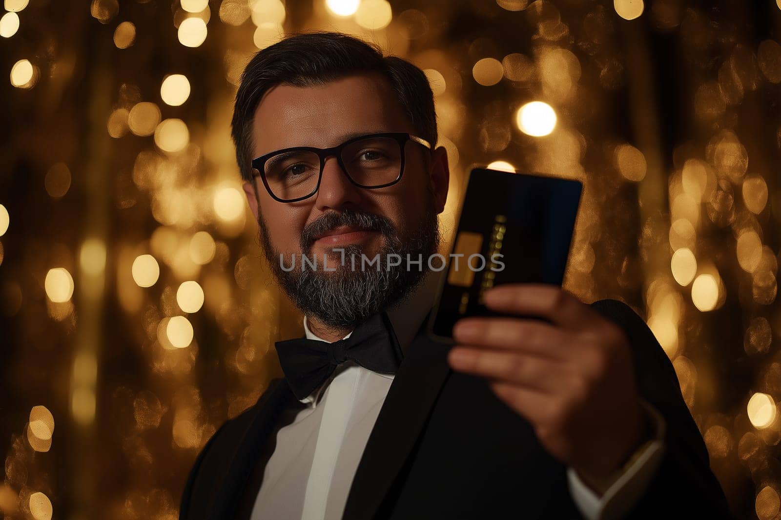 Featured fashion photo. Luxury studio shot. Certification or verification concept with the businessman holding black bank credit cards .