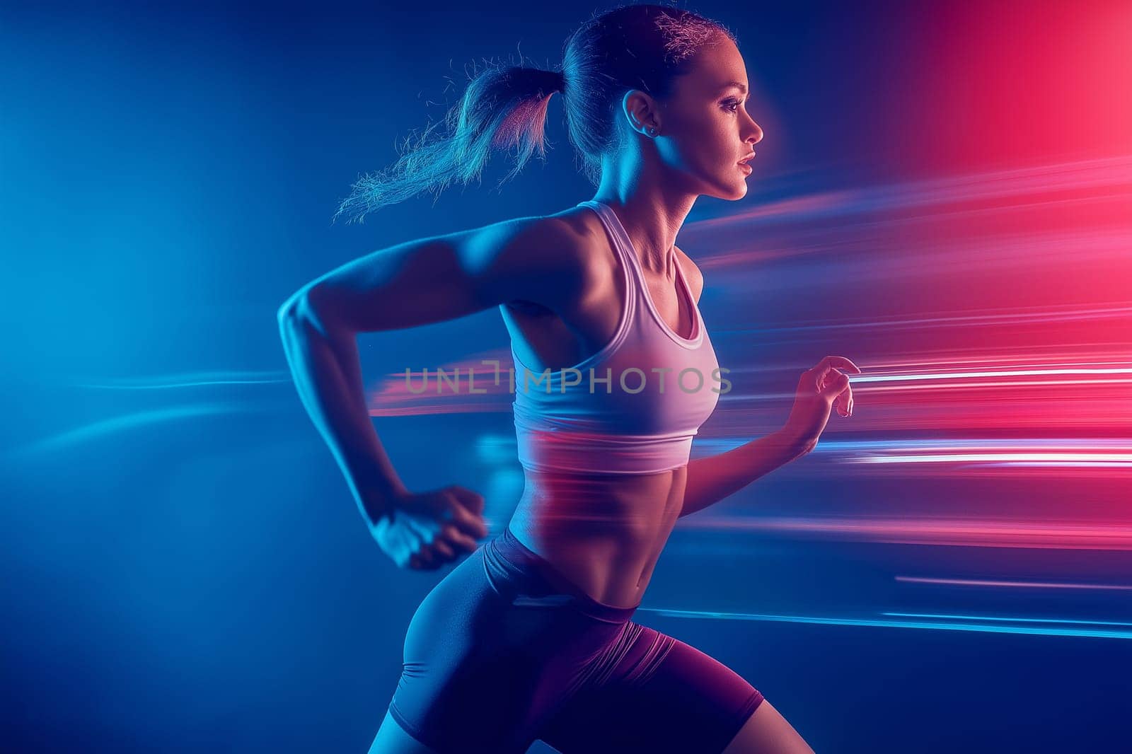 imagine striking fashion portrait Elegant studio photo Luxury Studio Shot of A strong athletic, woman wear wearing in the sportswear sprinter, running on black background