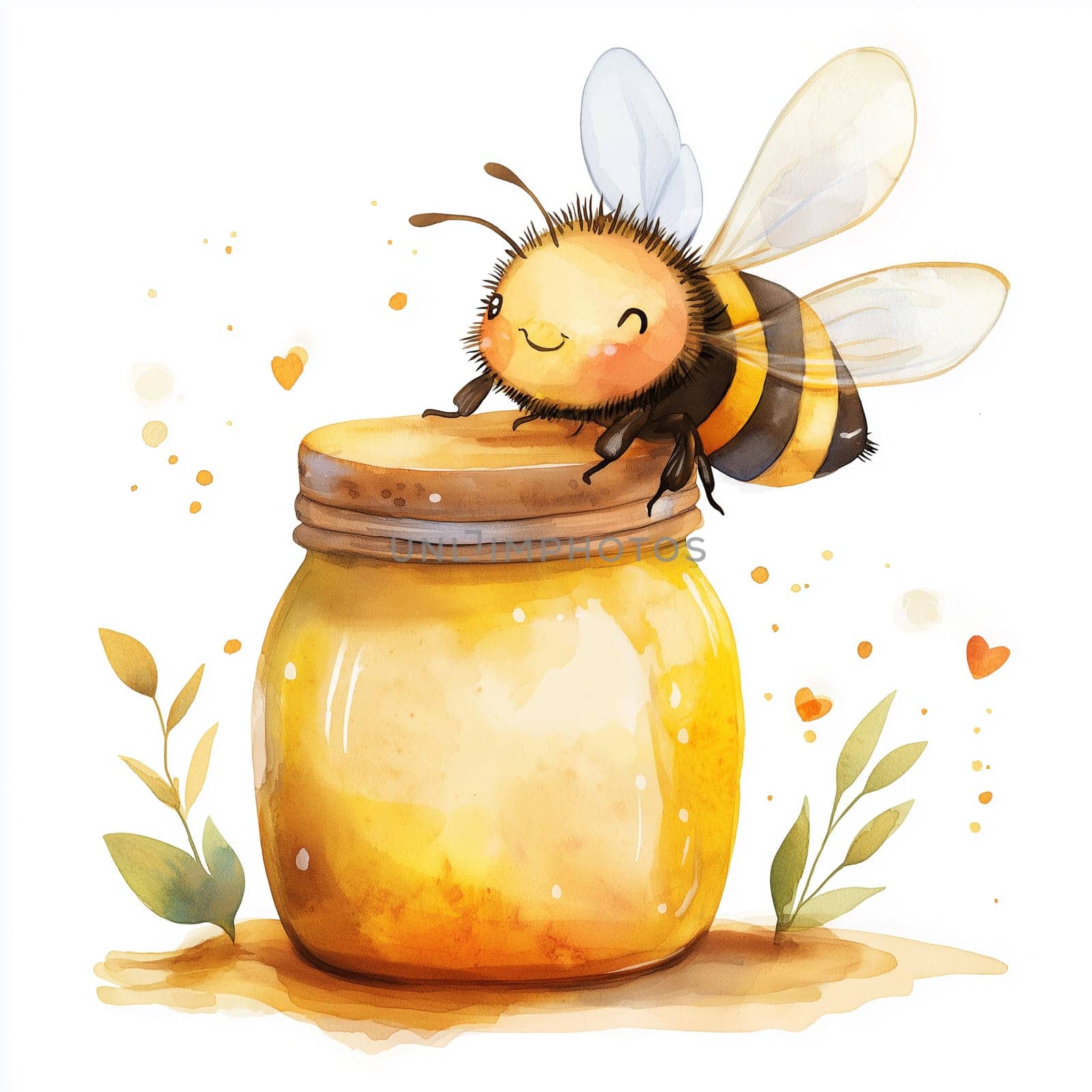 Watercolor illustration of a cute cartoon bee on a white background.