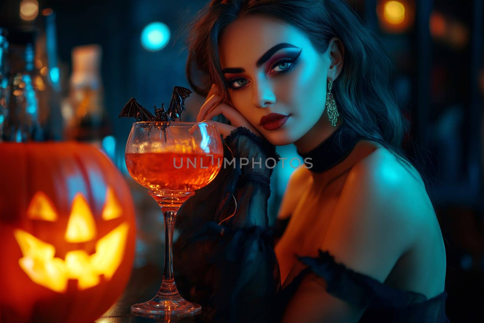 Fashion portrait Elegant Luxury Studio Shot of A cute woman dressed vampire costume drinks wine