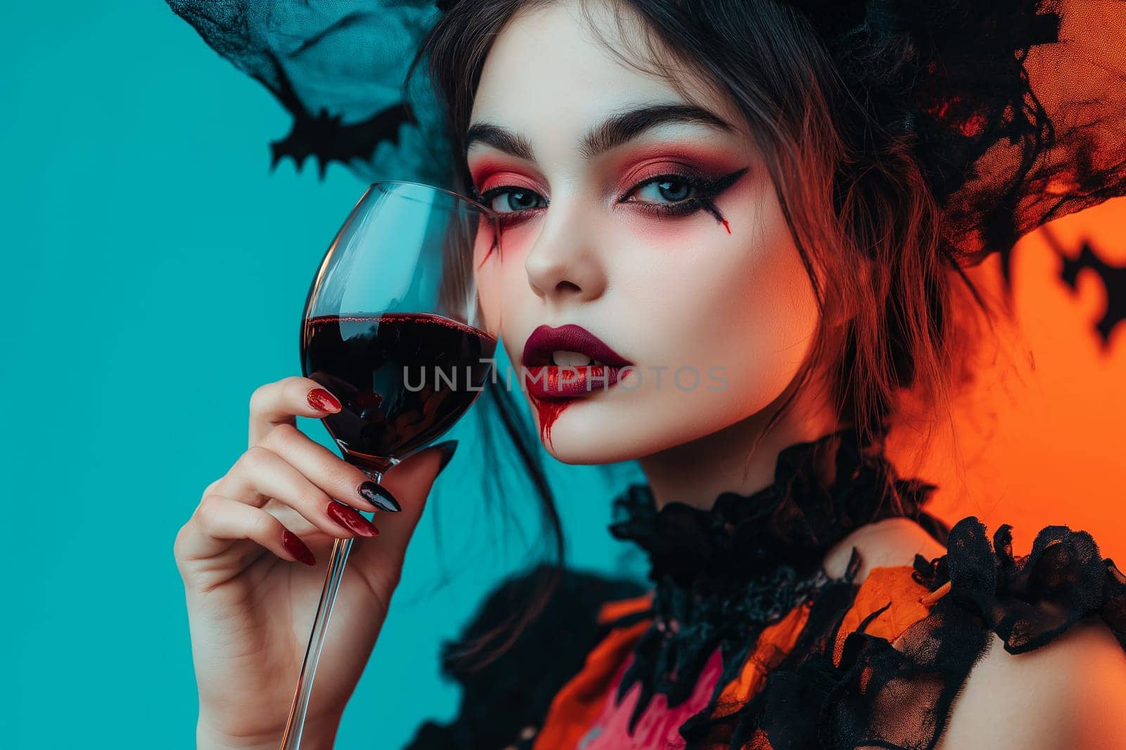 Fashion portrait Elegant Luxury Studio Shot of A cute woman  dressed Dracula costume drinks wine with wine stains on her mouth