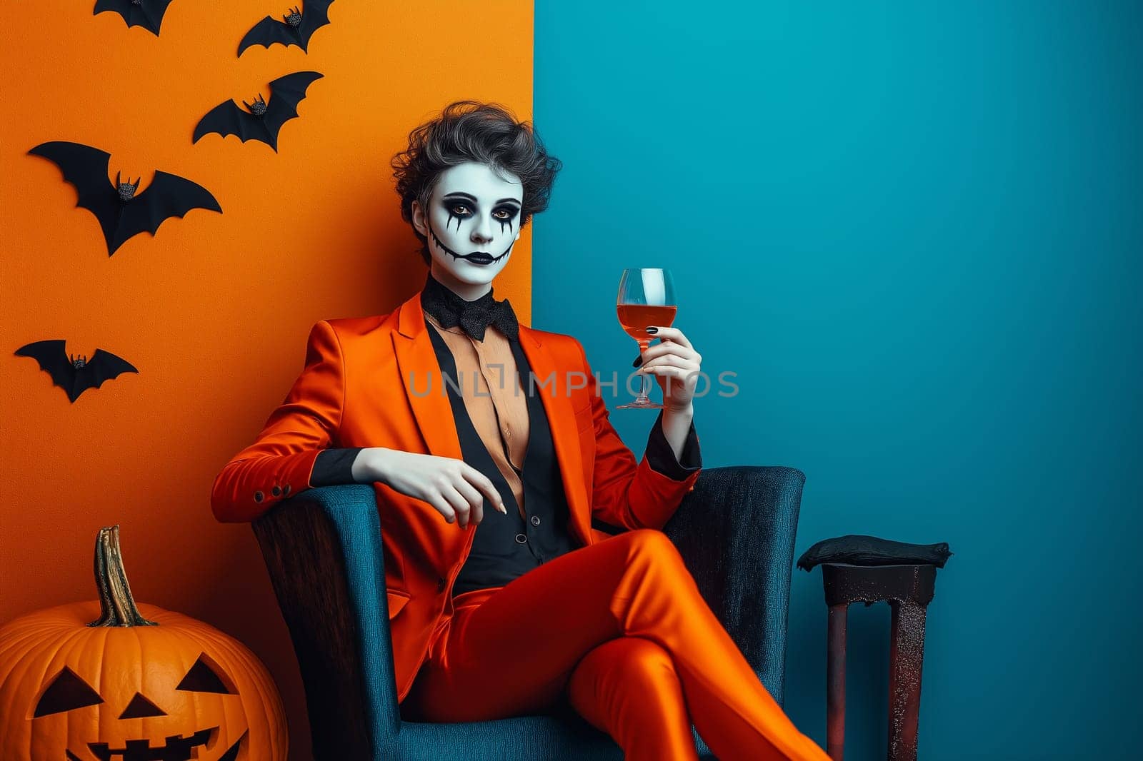 Fashion portrait Elegant Luxury Studio Shot of A man dressed Dracula costume drinks wine with wine