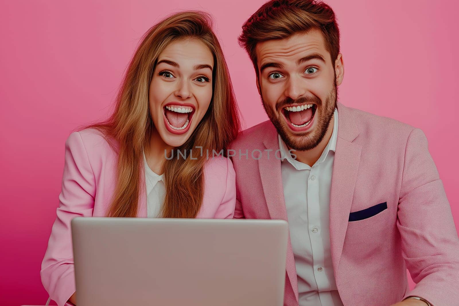 Happy business couple looking at a laptop use wireless netbook develop project