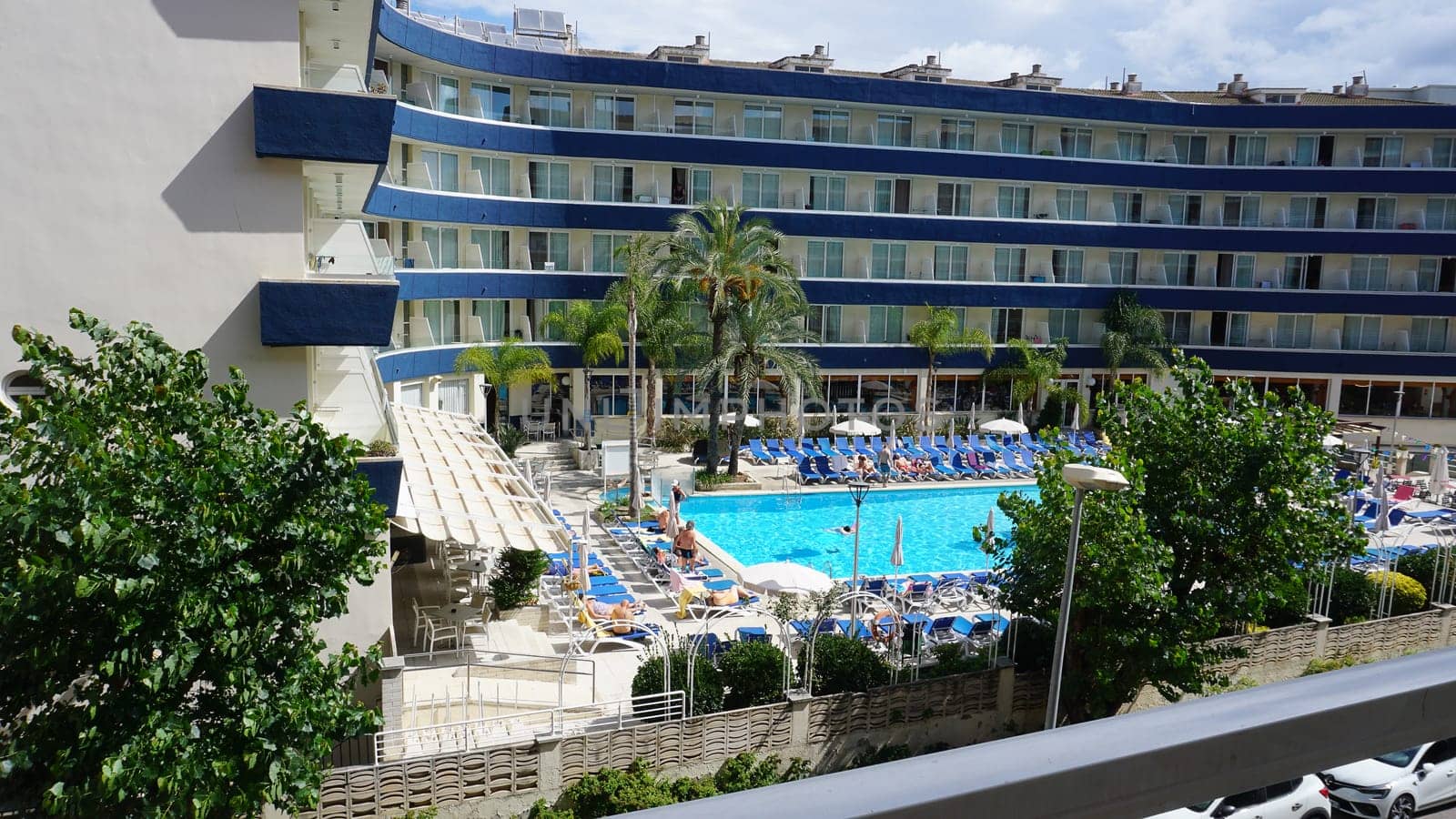 Lloret de mar, Spain - September 30, 2024: Beautiful panoramic view of GHT Aquarium and Spa hotel with pool