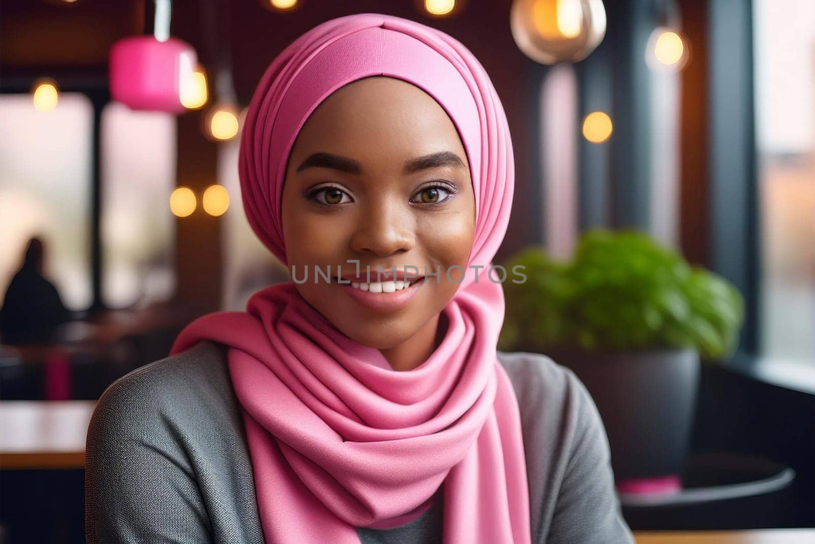 Woman in pink hijab smiling, wearing a casual outfit. Background shows a cafe setting with blurred patrons, cozy ambiance, relaxed vibes