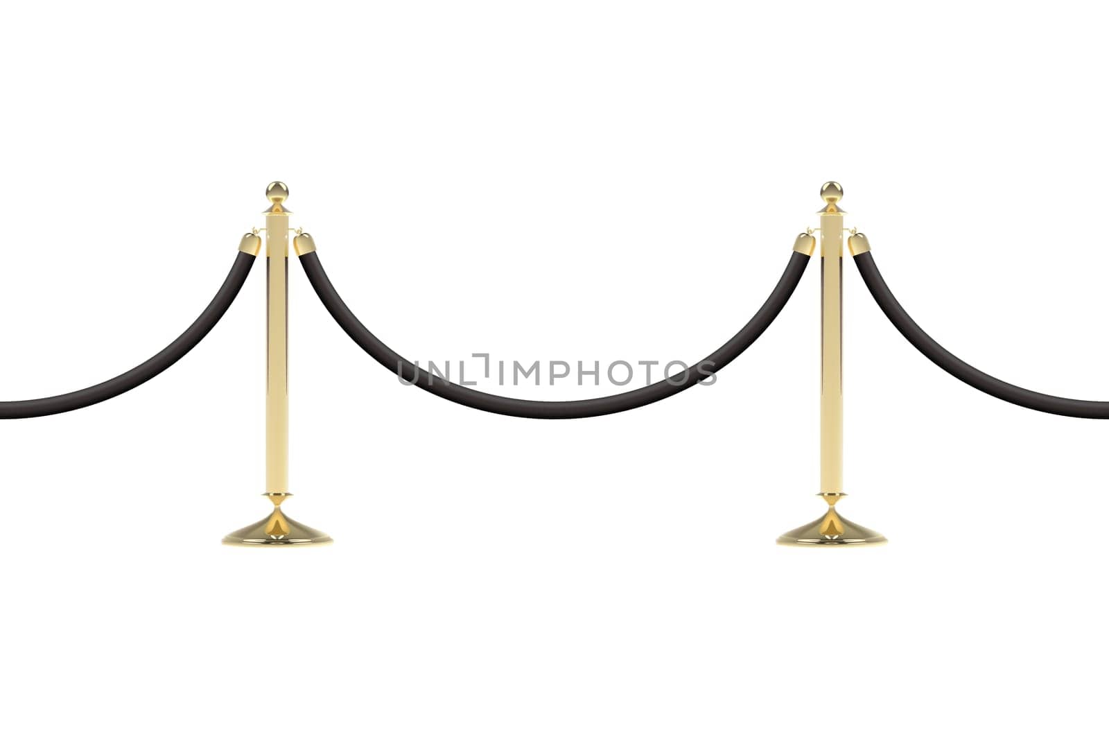 Barriers with black rope, seamless line. Realistic image of golden stanchion poles, velvet rope. Isolated on white background. Vector illustration