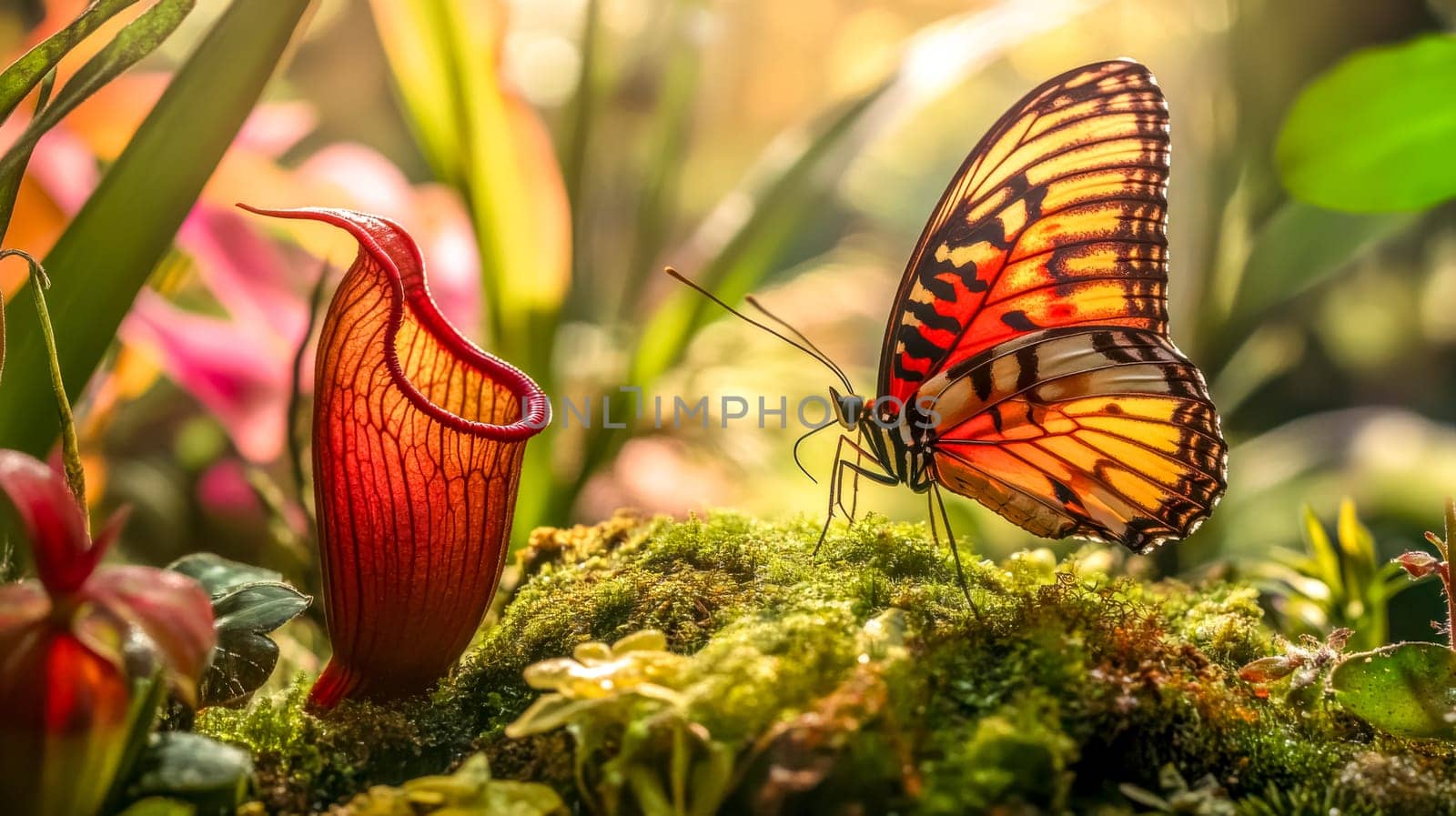Vibrant butterfly with orange, black, and white markings is standing on a bed of moss with a pitcher plant in the foreground