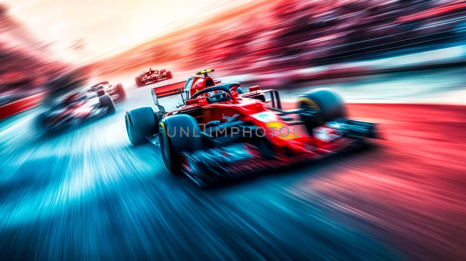 Three race cars speeding on a track with motion blur effect, vibrant colors, and intense competition. Feel the excitement of high speed racing