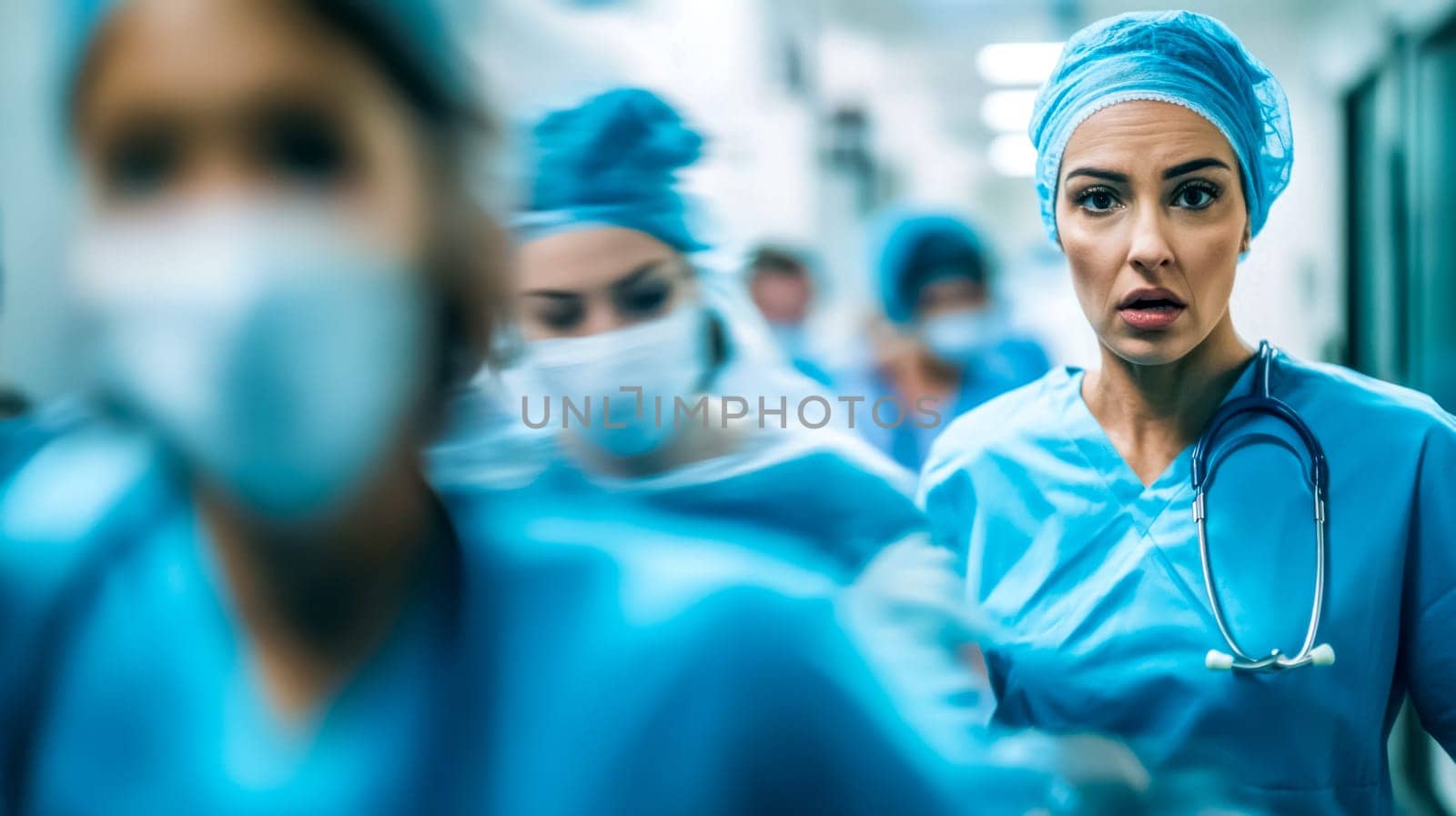Concerned female doctor wearing blue scrubs with a stethoscope is walking in a hospital hallway with a team of doctors rushing behind her