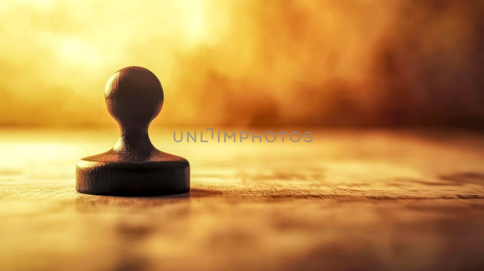 Notary public rubber stamp is standing on a wooden desk, illuminated by a warm golden light, suggesting an important document is waiting to be approved