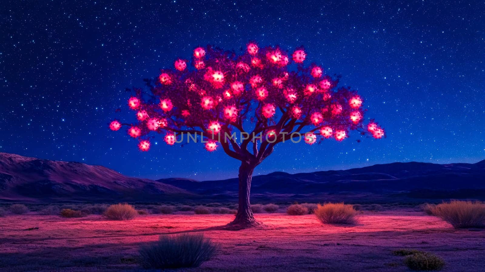 Lone tree in a desert glows under virus models, surrounded by stars in a surreal scene blending nature, science, and danger