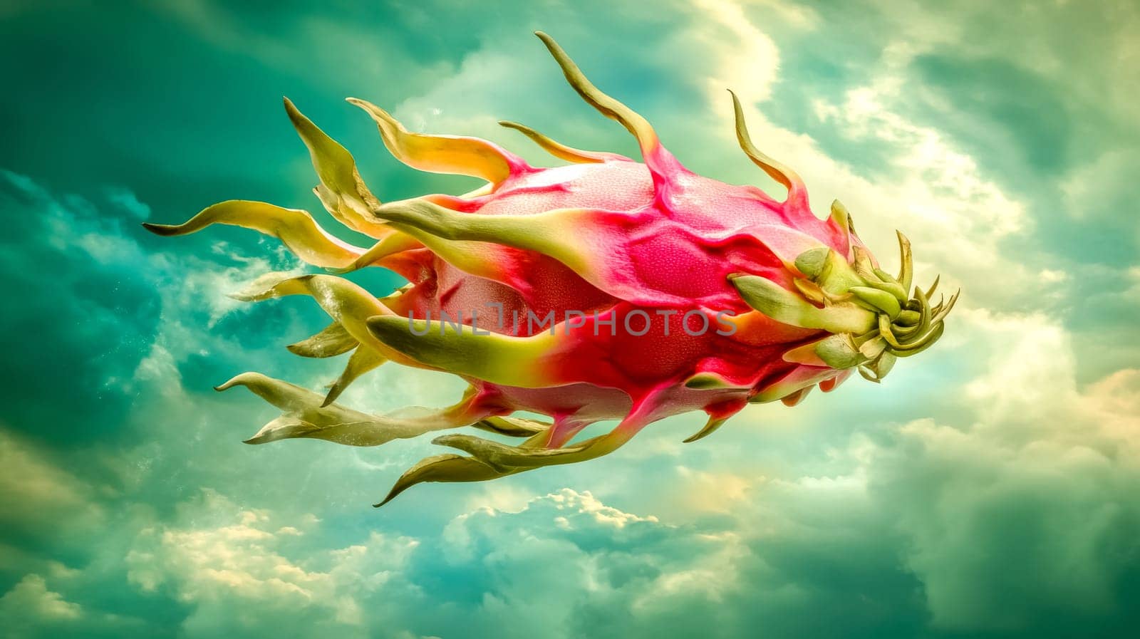 Vibrant dragon fruit floats gracefully against a dramatic cloudscape, creating a fantasy like scene full of color and creativity. Perfect for adding a pop of summer to any design