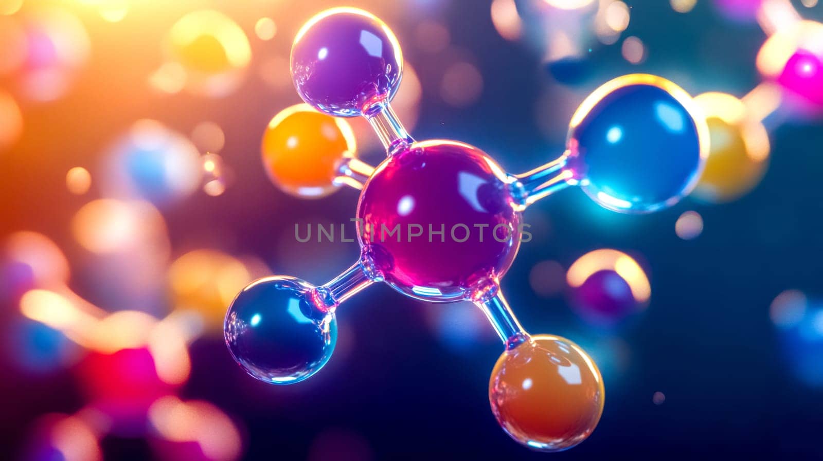 3d rendering of a colorful molecule structure floating in a microscopic fluid, ideal for illustrating scientific or technological concepts