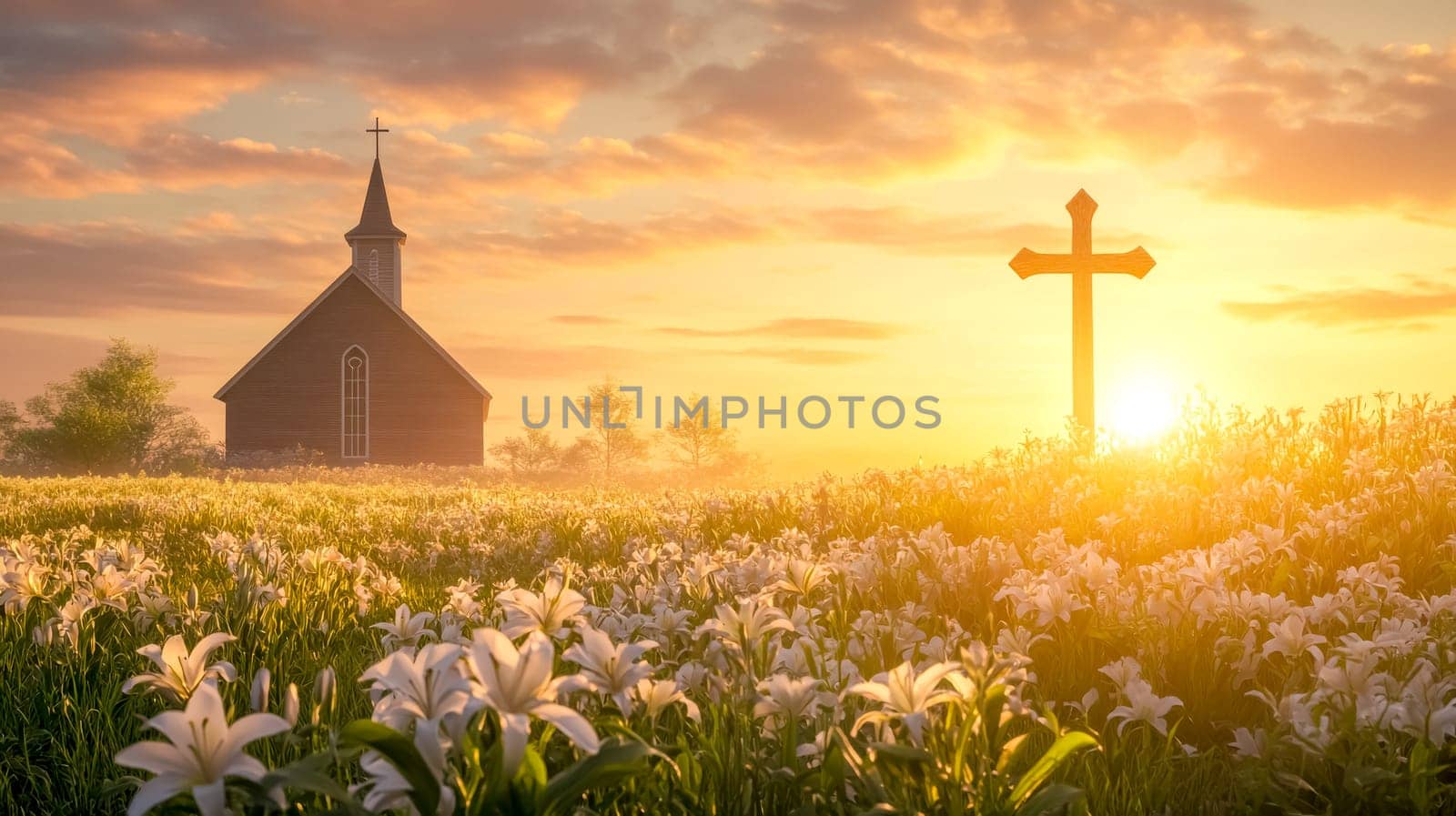 Wooden cross and church are silhouetted against a golden sunrise over a field of white lilies, creating a peaceful and serene scene