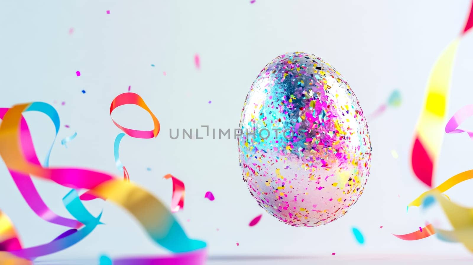 Silver glitter easter egg is floating in the air surrounded by colorful ribbons and confetti on a white background. This festive image is perfect for easter celebrations
