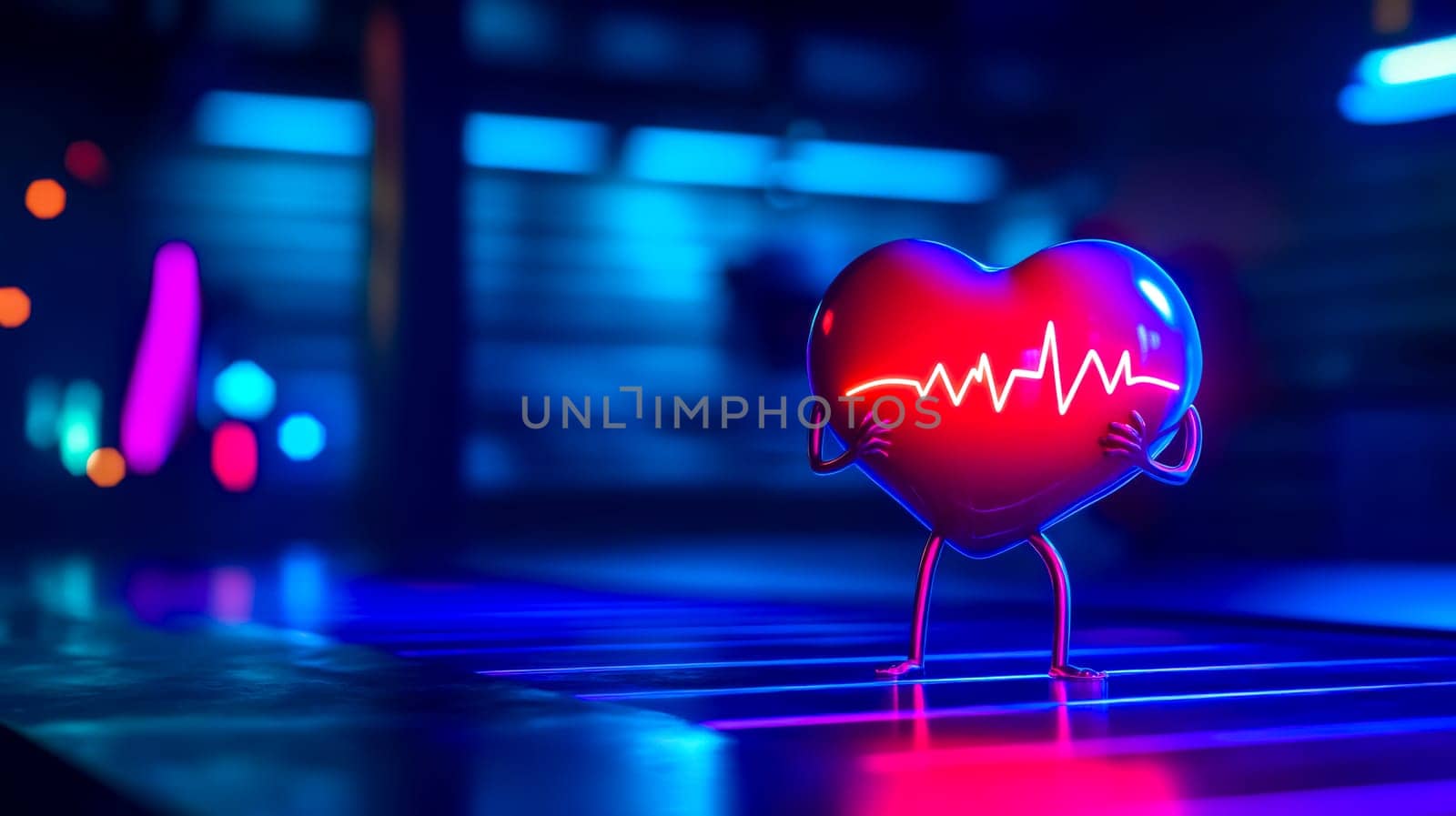 3d illustration of a heart character holding an ekg line, standing in a futuristic environment with blue and pink neon lights