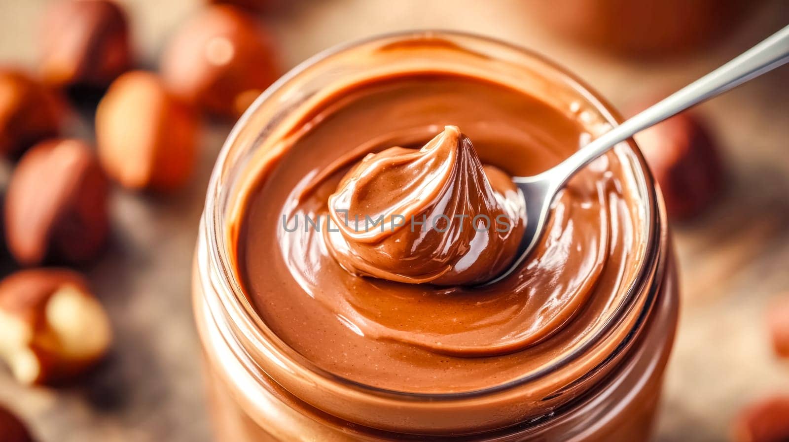 Spoon lifting out a dollop of chocolate hazelnut spread from a glass jar, with whole hazelnuts scattered around on a rustic wooden table