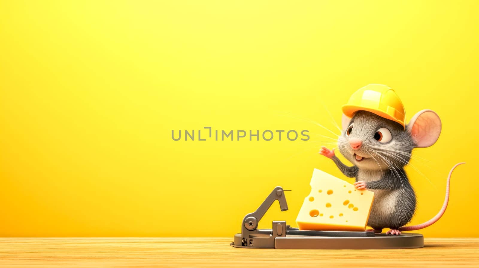 Happy cartoon mouse wearing a yellow hardhat is holding a piece of cheese and gesturing with his other hand while standing on a mousetrap