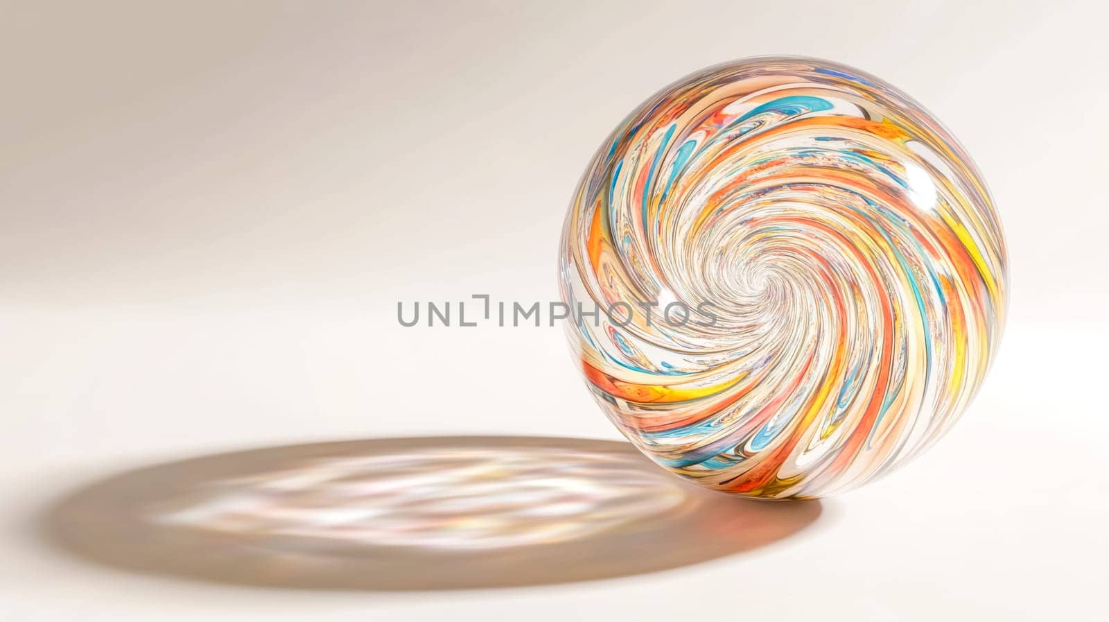 Colorful glass sphere with a hypnotic swirl pattern is casting a beautiful shadow on a white surface. The sphere is reflecting light and creating a sense of depth
