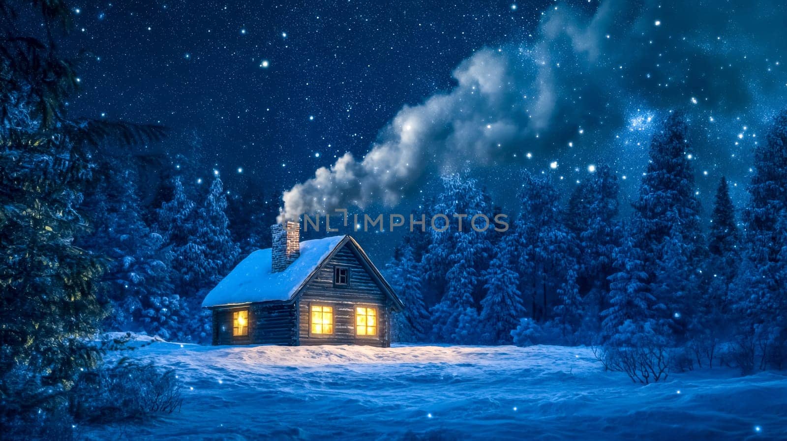 Smoke is coming out of the chimney of a small wooden cabin glowing under a starry winter night, surrounded by a snowy forest