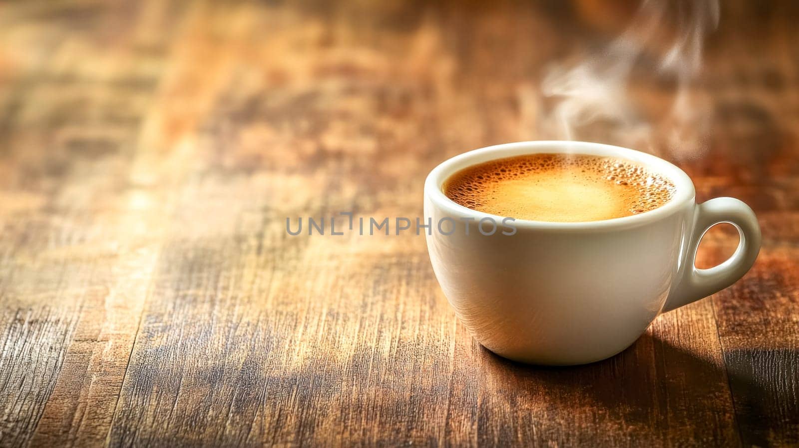 The rich aroma of a steaming cup of coffee fills the air. Creating a warm and inviting atmosphere on a rustic wooden table. Enjoy the cozy comfort of a hot beverage in a relaxing coffee break moment