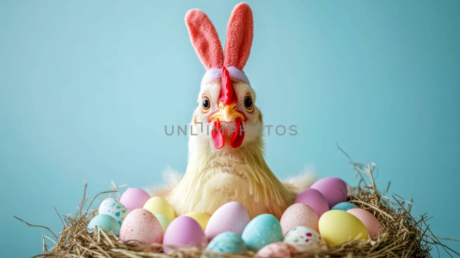 White chicken with bunny ears sits in a nest with colorful eggs, perfect for easter cards or banners