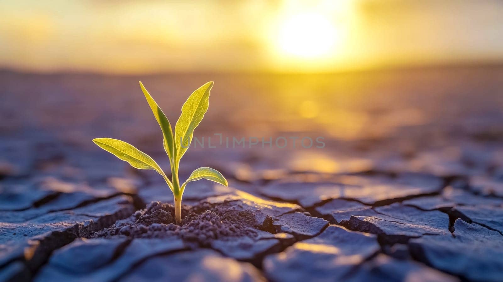 Small plant is growing out of dry, cracked earth as the golden sun sets in the background. This image inspires hope and renewal, even in the face of adversity