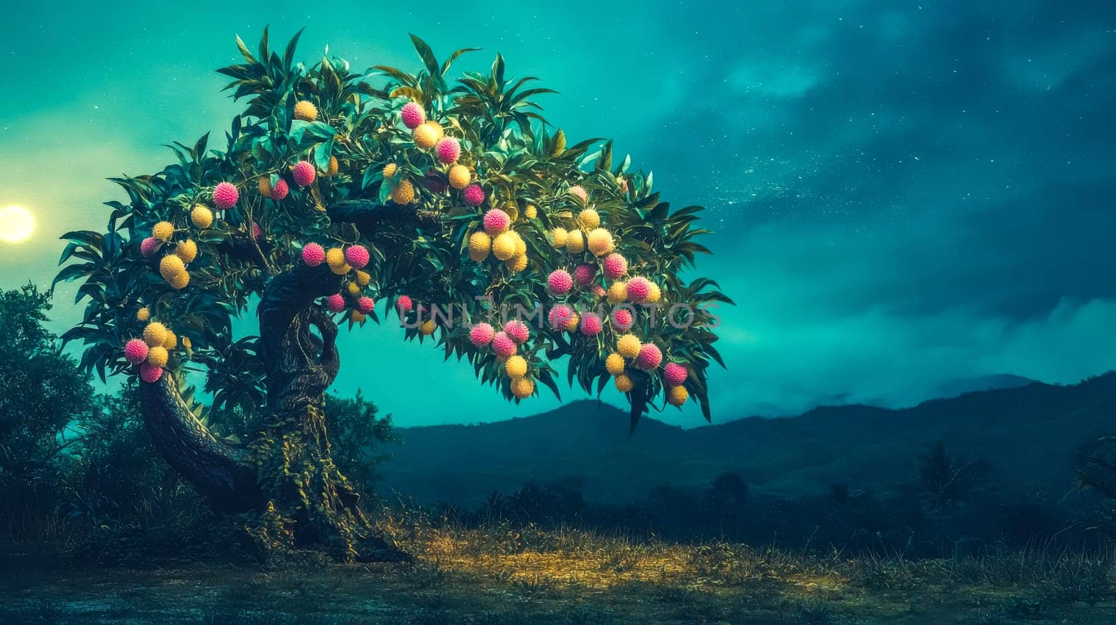 Vibrant lychee tree glows under a full moon in a dark, tropical landscape, its branches heavy with ripe fruit, illuminated by moonlight