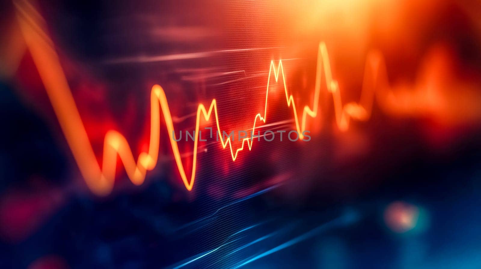 Stock market graph is fluctuating on a monitor with dramatic red and orange lighting. The volatility of the market is evident in the sharp peaks and valleys of the chart