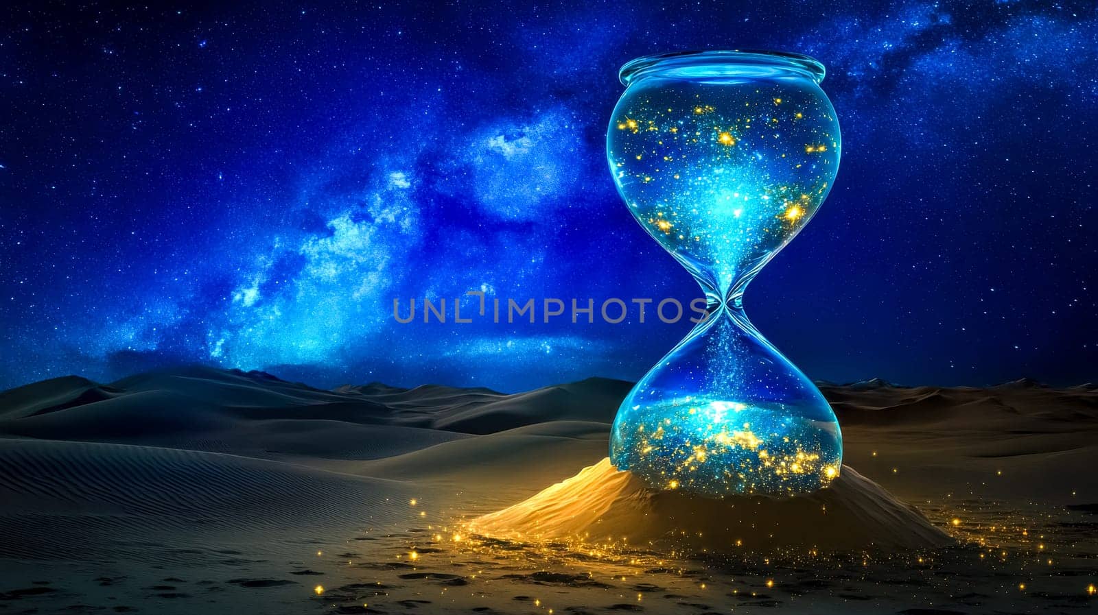 Hourglass sparkles in a desert under a starry sky, capturing the beauty of time passing in the universe