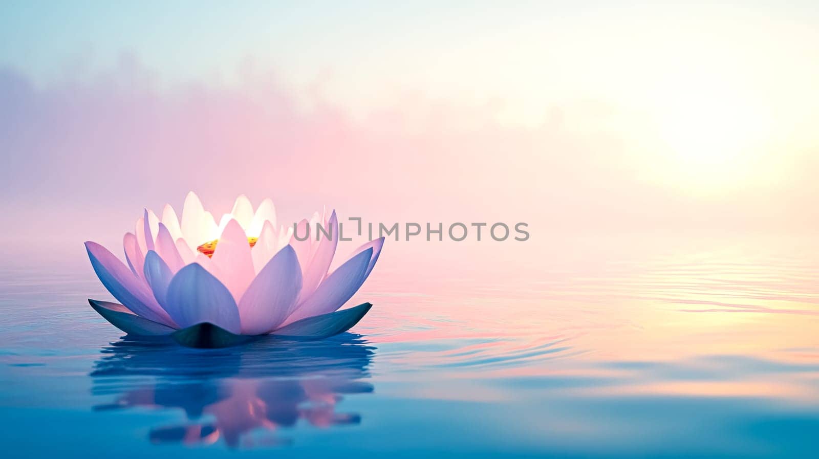 Single lotus flower is serenely floating on still water, illuminated by the soft, warm light of the setting sun. The tranquil scene evokes a sense of peace and tranquility