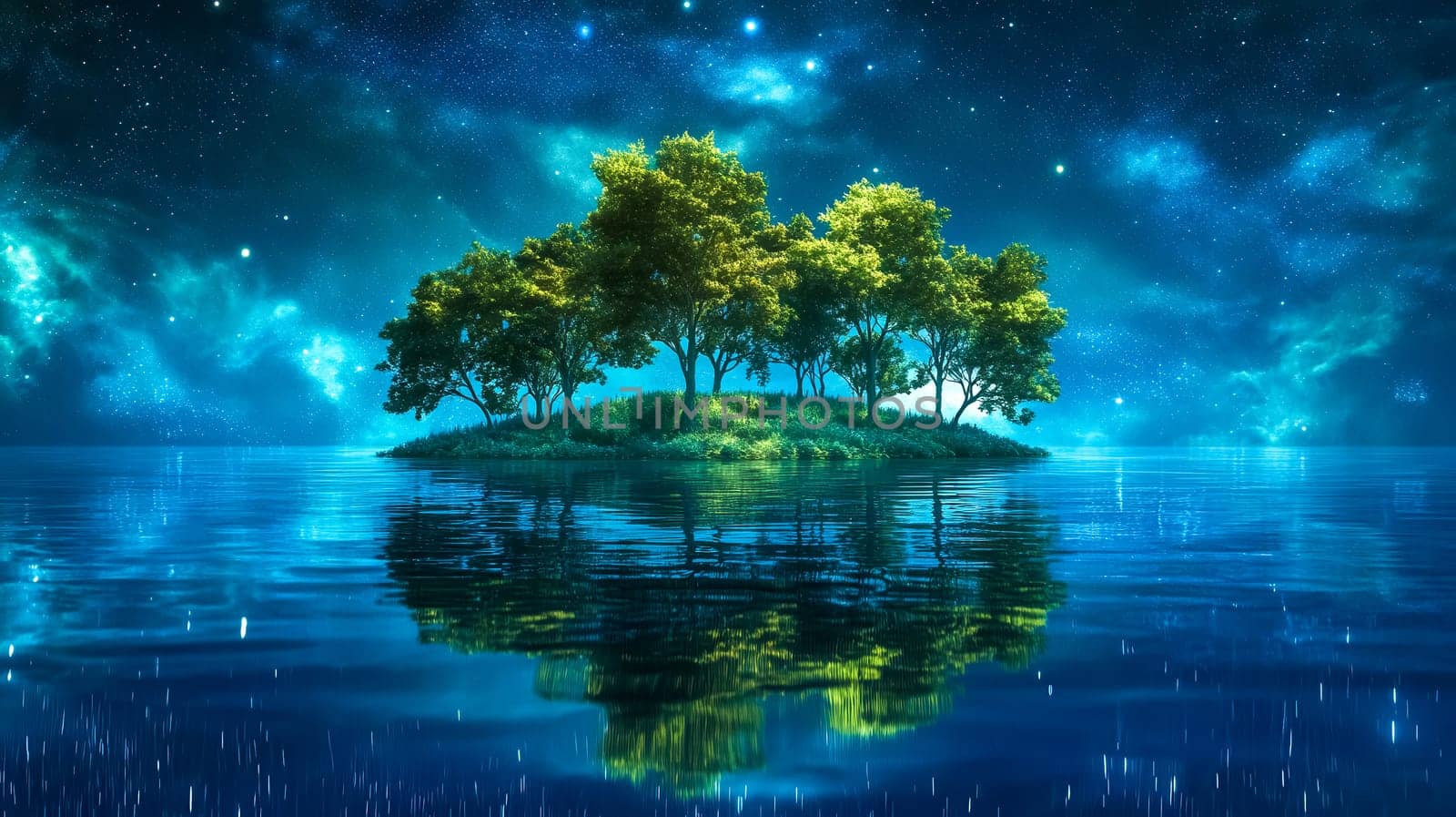 Lush green trees are growing on a small island in the middle of a lake, reflecting in the calm water under a beautiful starry night sky
