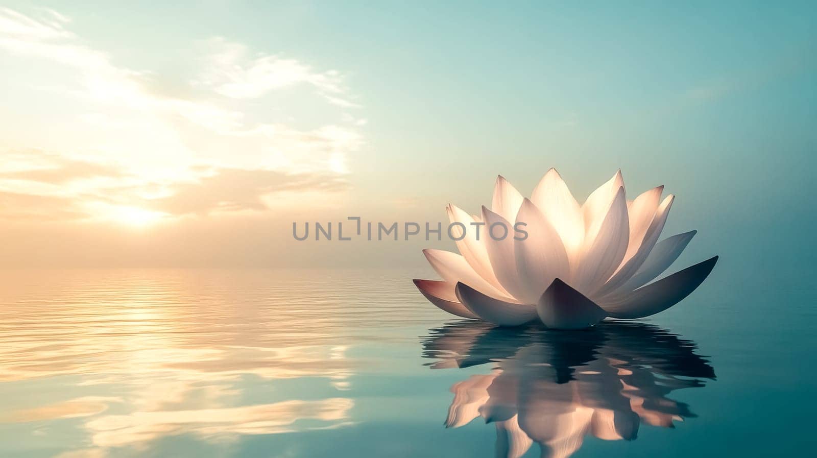 Serene white lotus floats on calm water at sunset, reflecting the sky and creating peace and tranquility