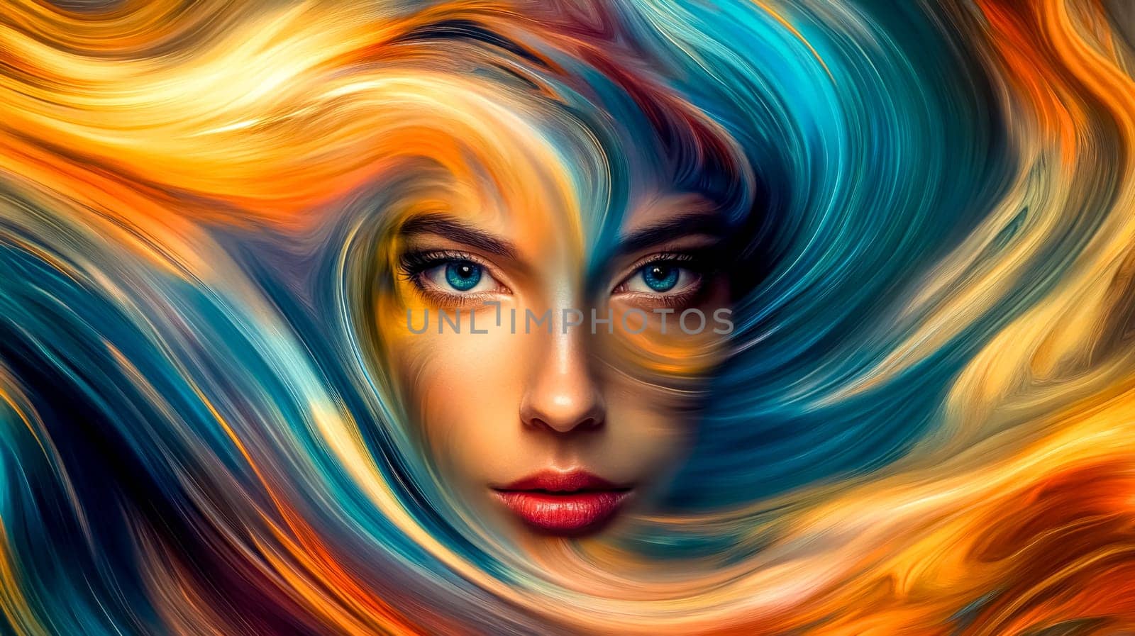 Woman face coming out of a colorful abstract background made of orange and blue brushstrokes, mixing together in a textured artistic effect