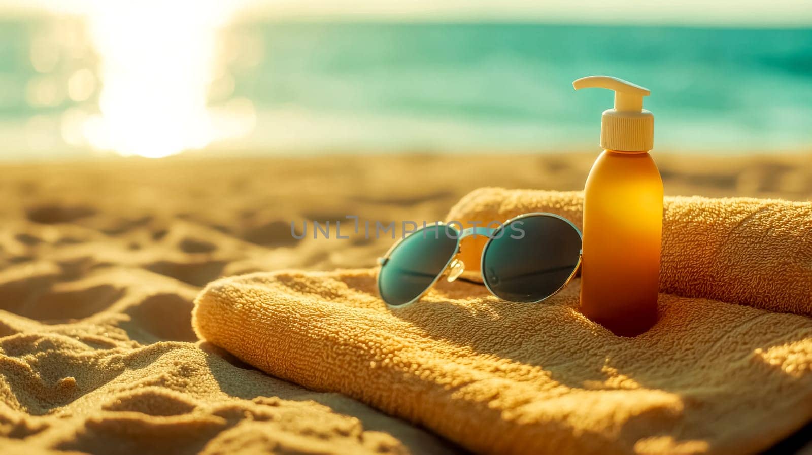 Rolled up towel is lying on the sand with sunscreen and sunglasses on top, illuminated by the golden light of the setting sun