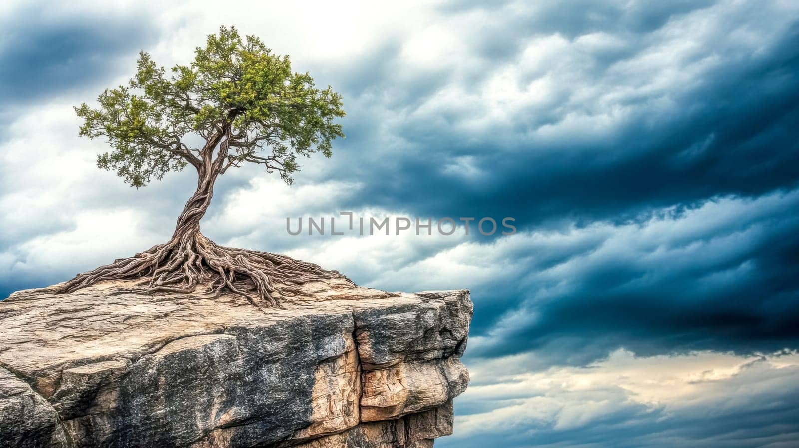 Lone tree is standing strong on a cliff, its roots gripping the rock, as storm clouds gather in the distance, creating a dramatic contrast between resilience and the power of nature