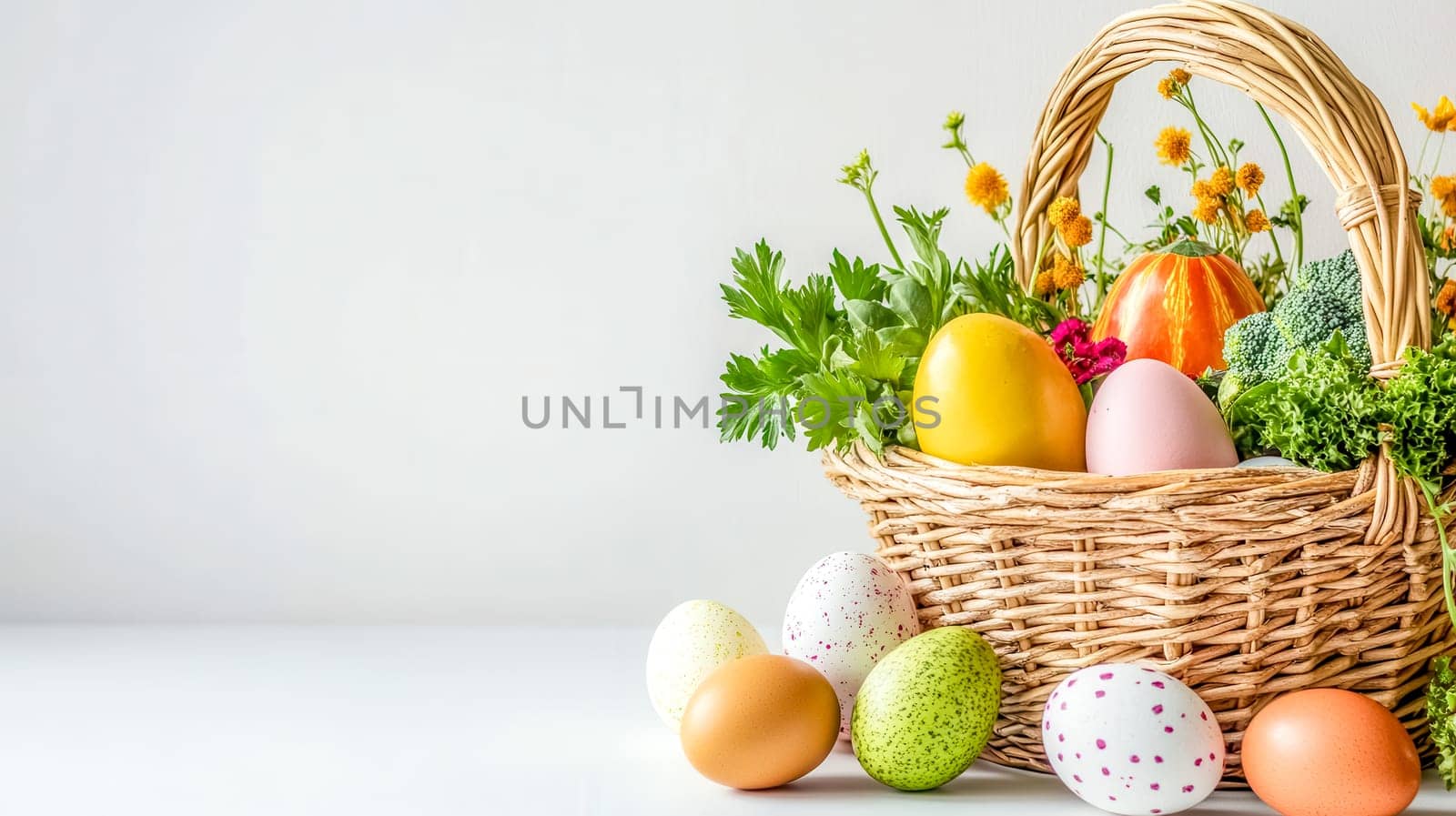 Wicker basket is standing on a white tabletop and overflowing with colorful easter eggs, broccoli, squash and flowers