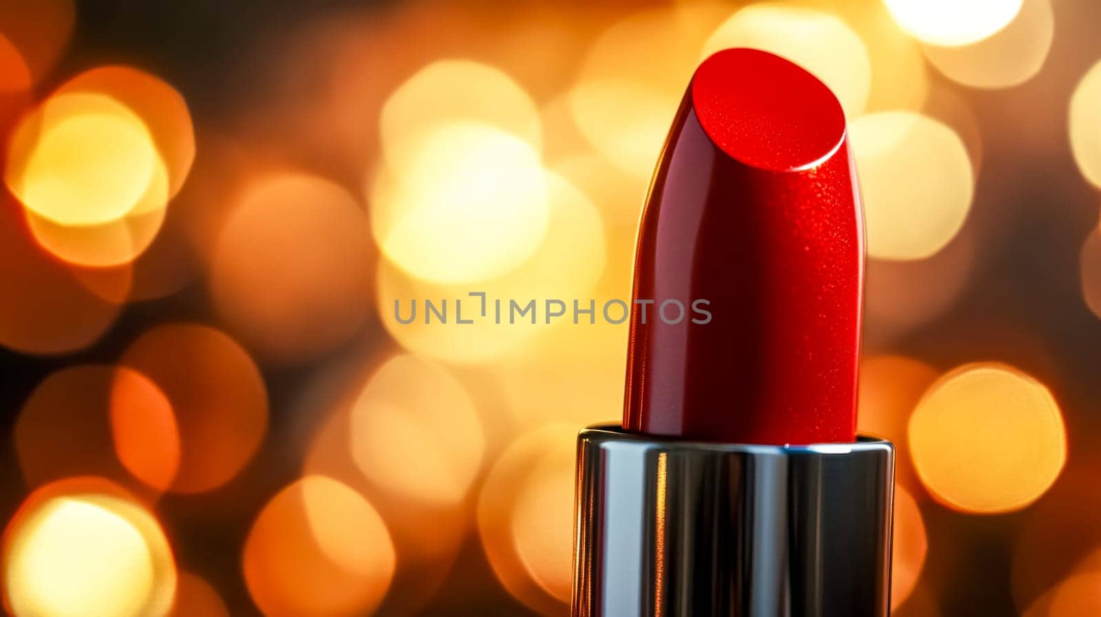 Shiny red lipstick on a golden bokeh background, perfect for a festive party or special occasion, exuding beauty and style with a touch of luxury and elegance
