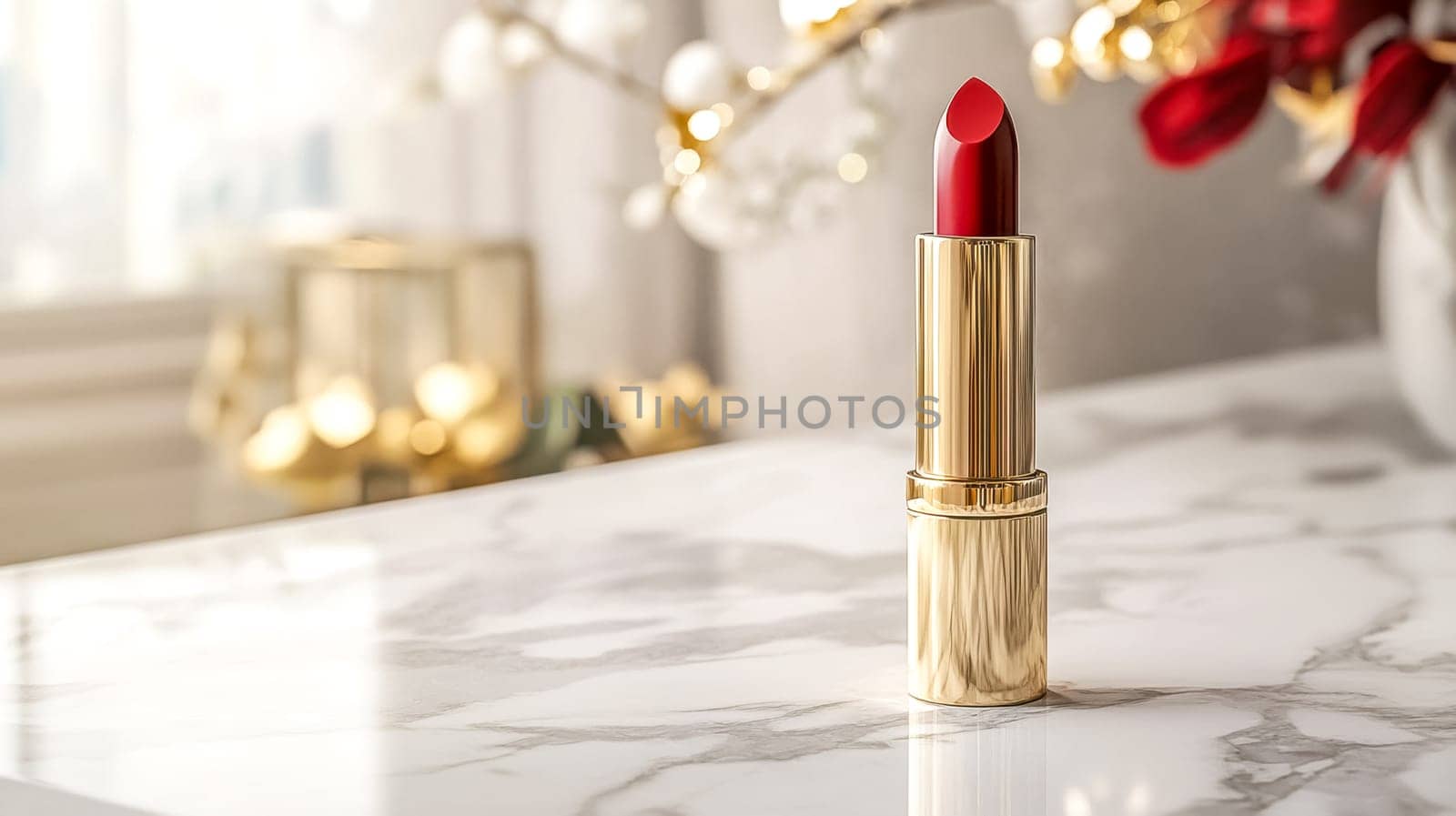 Red lipstick in golden tube standing on a marble vanity table with golden decorations, creating a luxurious and glamorous atmosphere