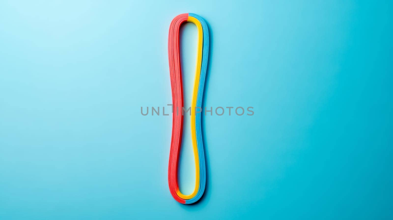 Colorful paper tapes arranged on blue background create abstract shape, perfect for creative projects. Bright red, yellow, and blue add modern touch
