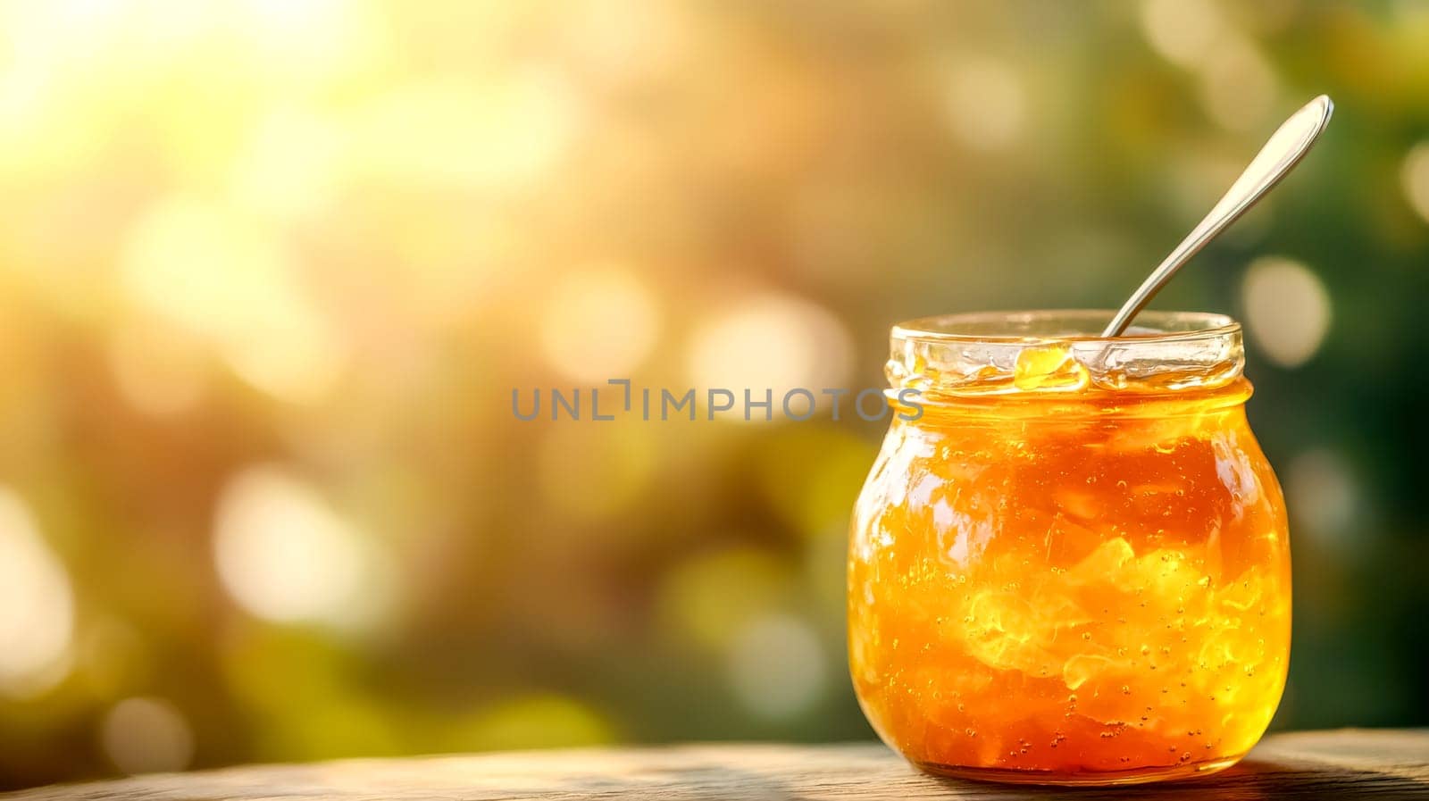 Glass jar full of peach jam is sitting on a wooden surface with a spoon resting on top. The background is a sunny garden