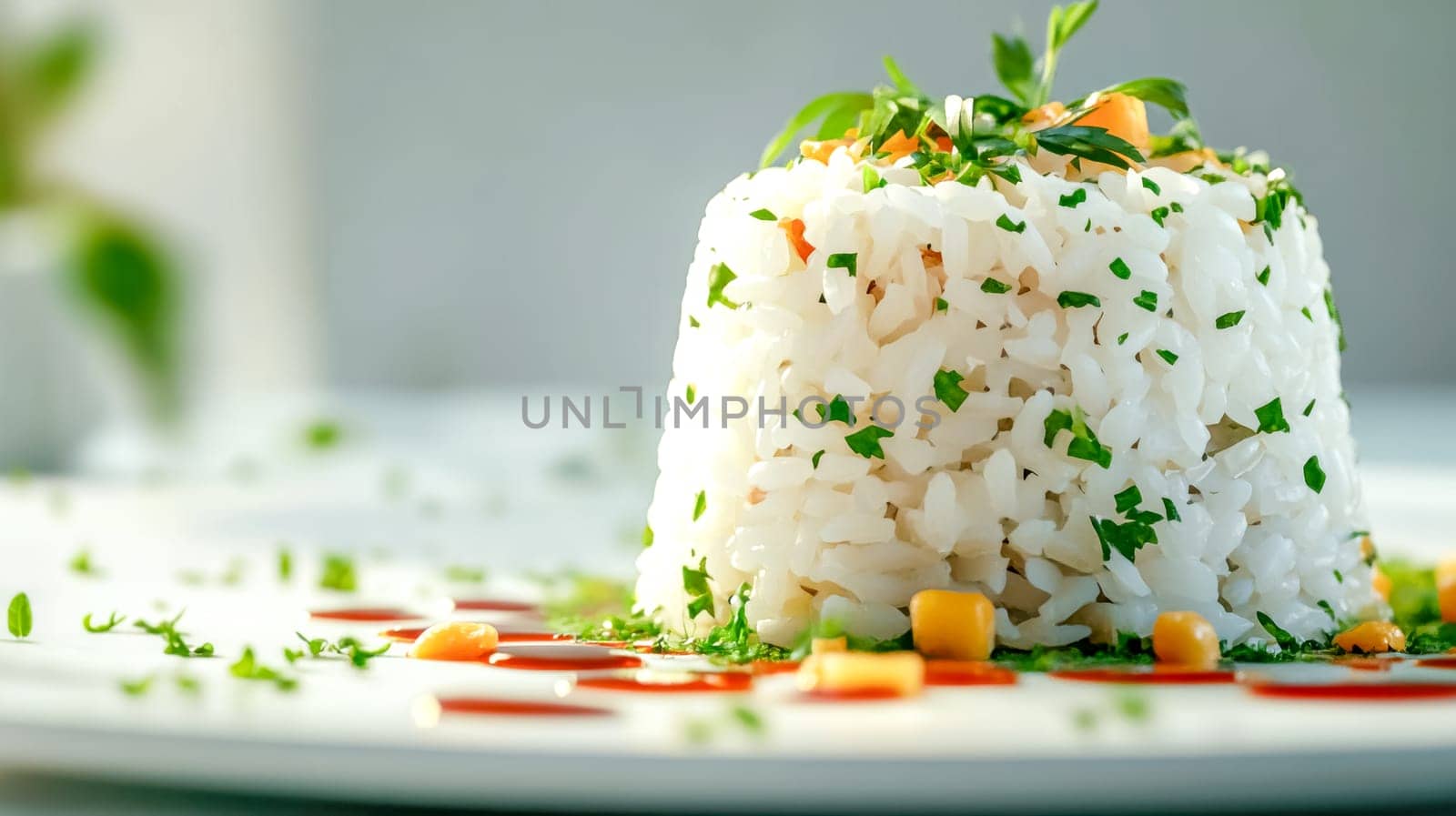 Delicious steamed rice with sweet corn, herbs, and savory sauce on a white plate. Perfect for menus or food blogs. Tasty and healthy meal