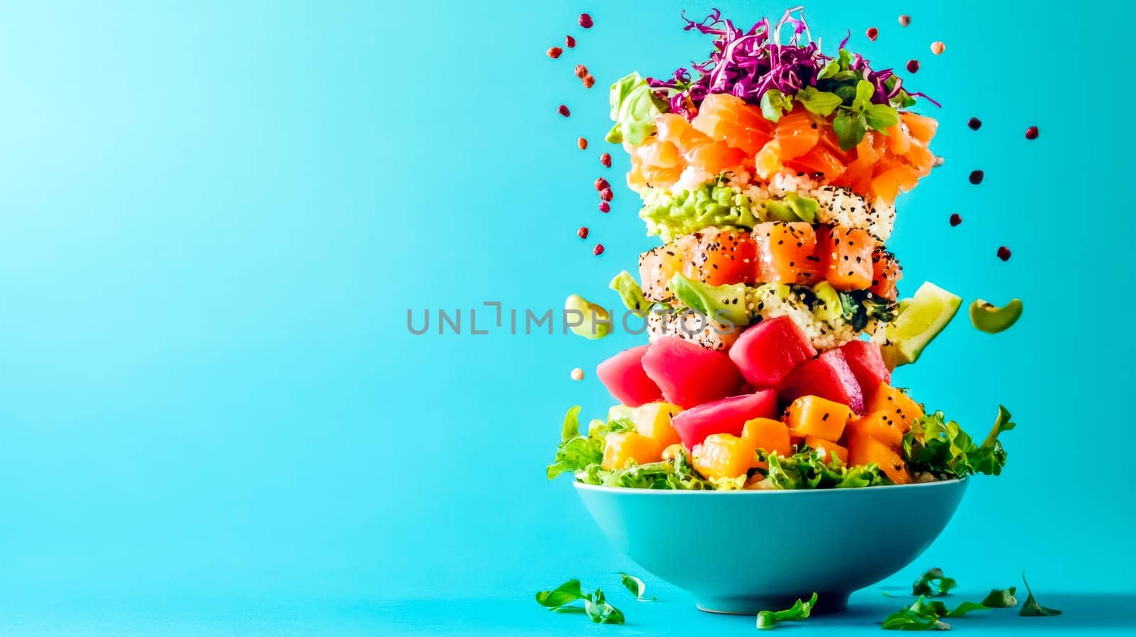 Poke bowl with layers of fresh salmon, mango, avocado, rice, and other ingredients exploding upwards against a bright blue background