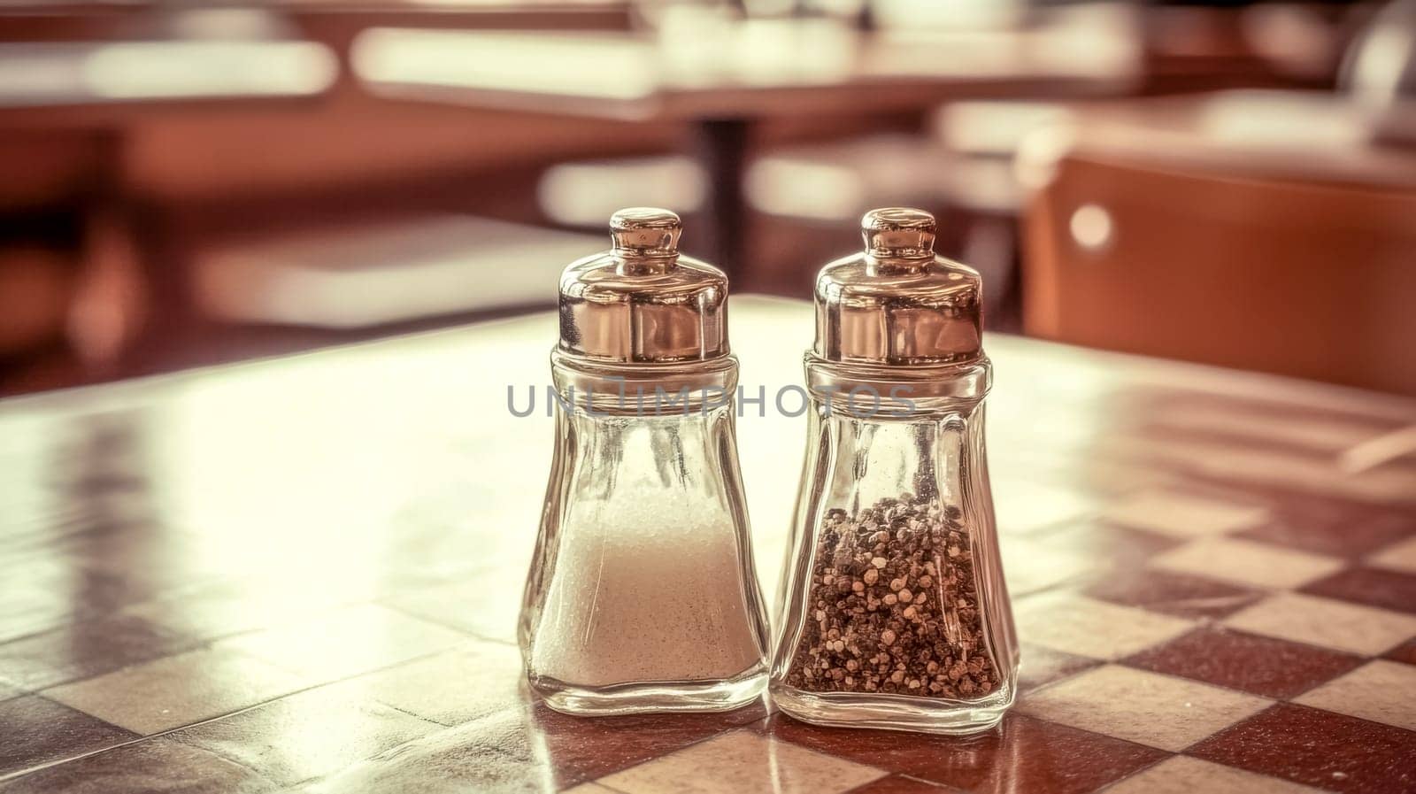 Classic salt and pepper shakers stand on a table in a restaurant, ready to add flavor to a meal. The warm lighting and checkered tabletop create a cozy atmosphere