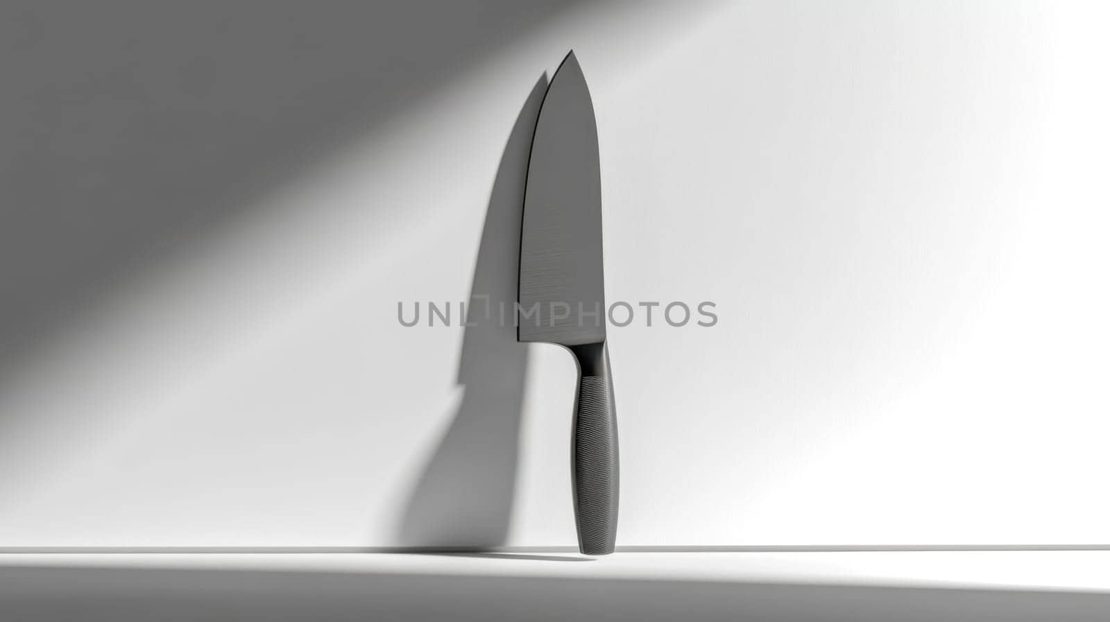 Large black chef knife standing upright, casting a distinct shadow on a white background. The image evokes a sense of minimalism and culinary potential