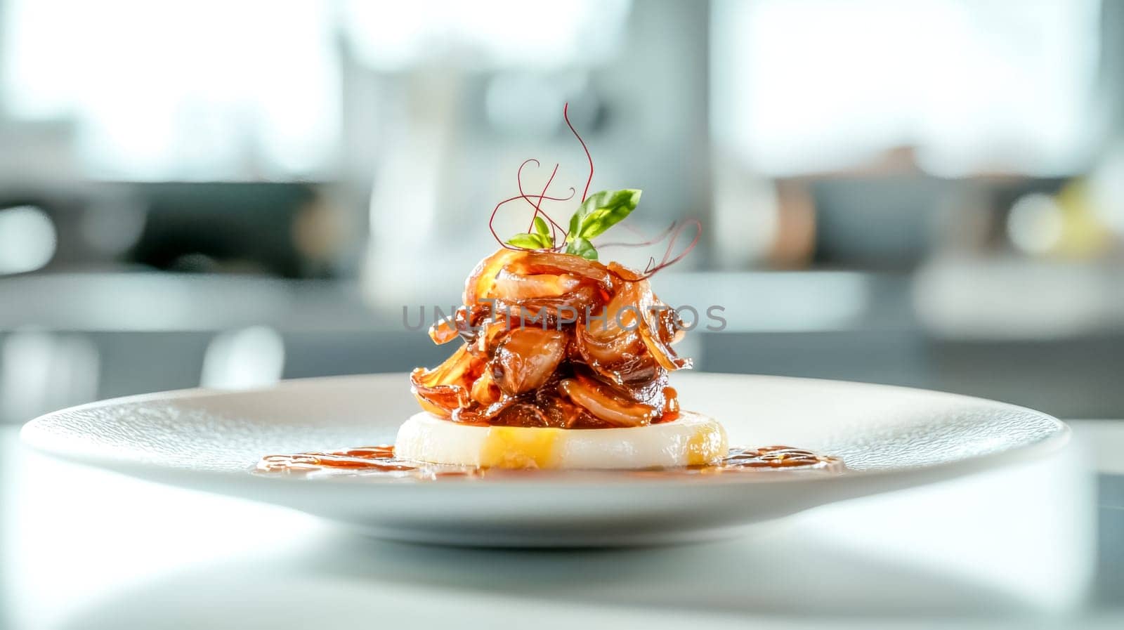 Delicious meal is presented on a white plate, featuring caramelized onions and a savory sauce, creating an upscale dining experience